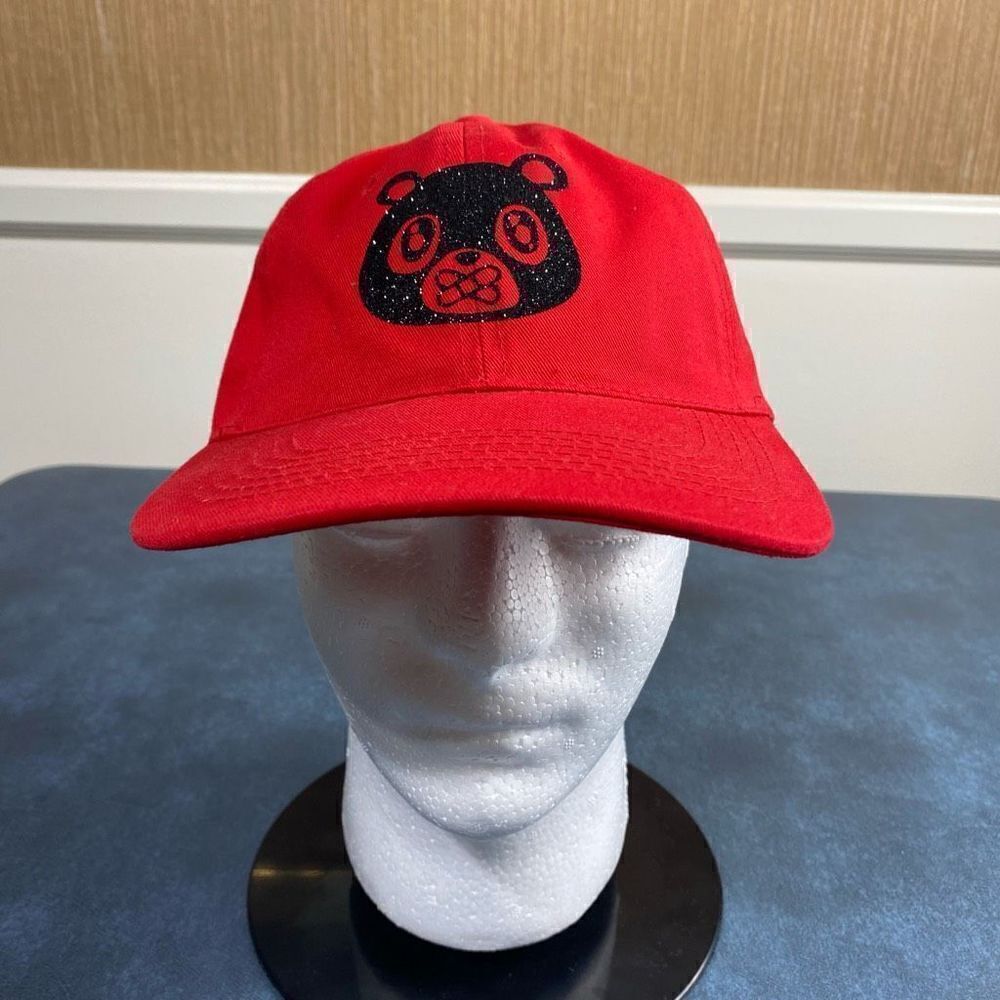 OWNYC Women's Cotton Black Glitter Bear Strapback Dad Hat Red One Size
